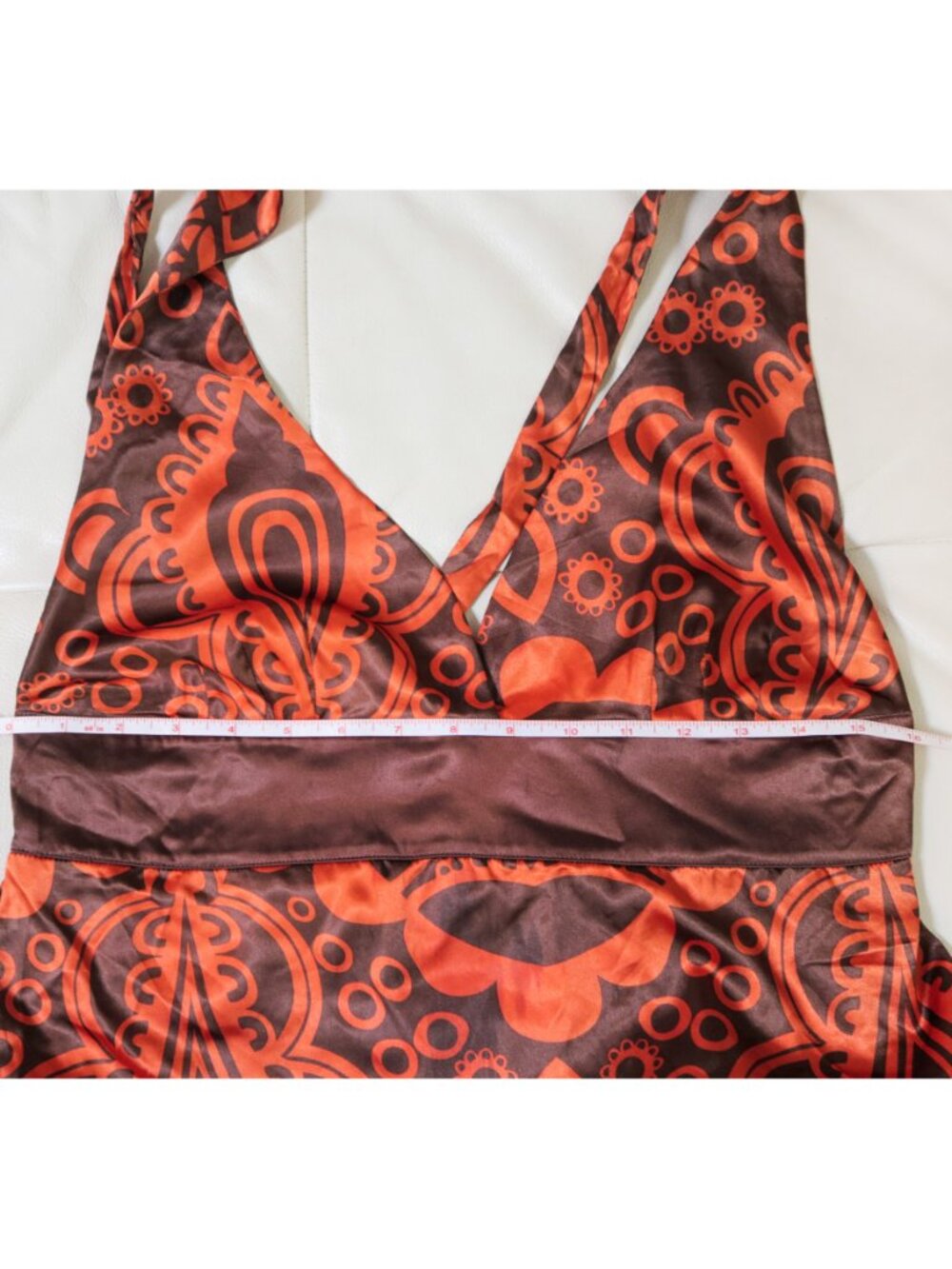 Bohemian Orange & Brown Paisley Print Halter Maxi Dress w/ Plunging Deep V Neck - Picture 8 of 9